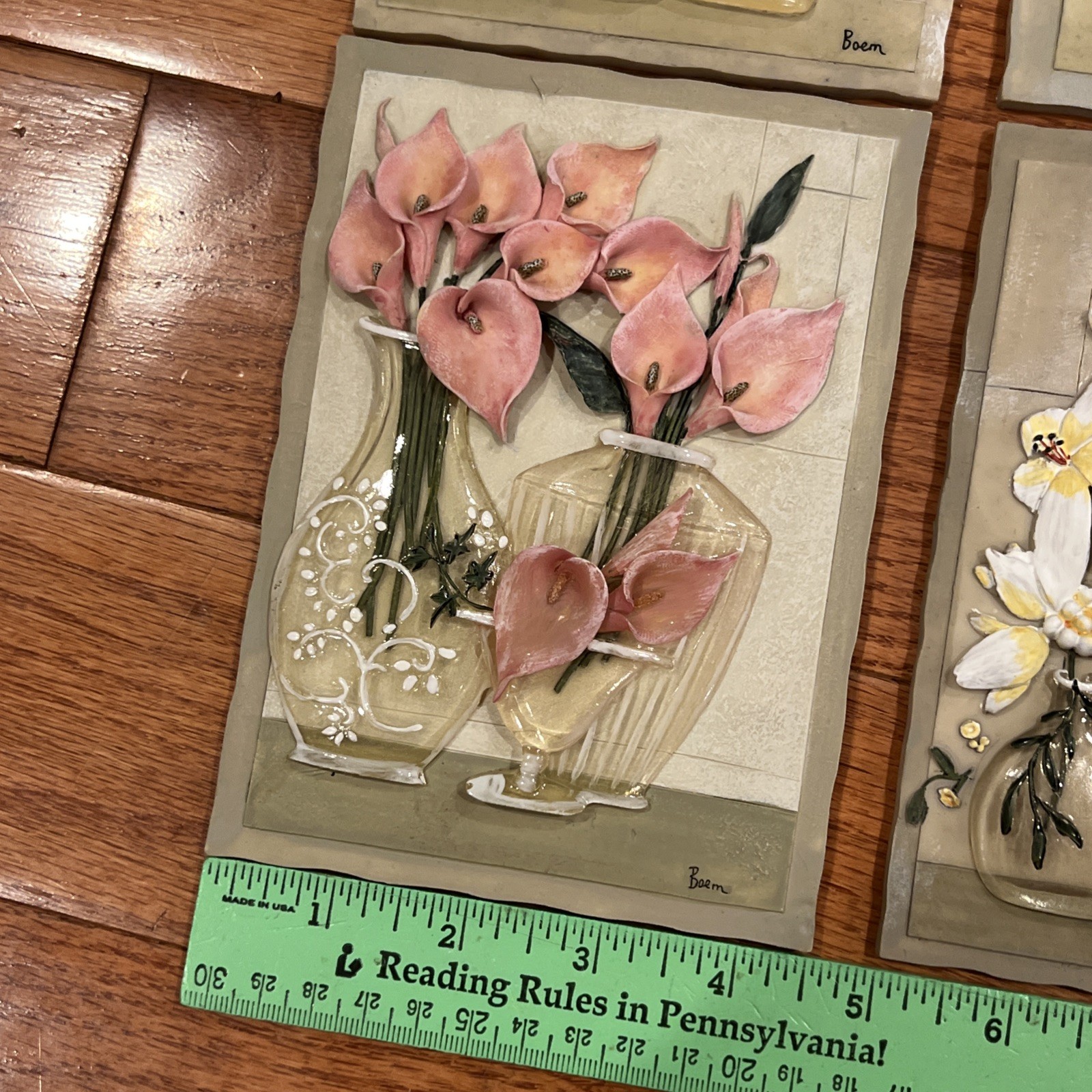 4 Vtg 3D Wall Art Tiles Raised Pink & White Flowers In Resin Vases Boem Set Lot