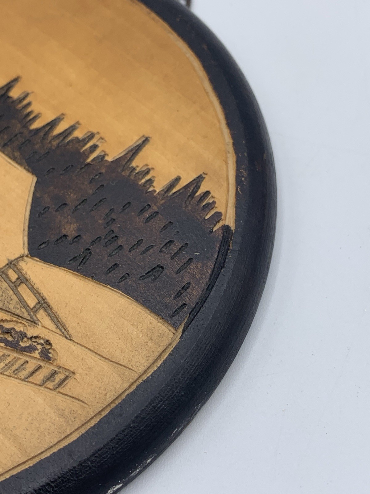 Vintage Inlay Wall Art Handmade Wood Round Country Hillside Scenery