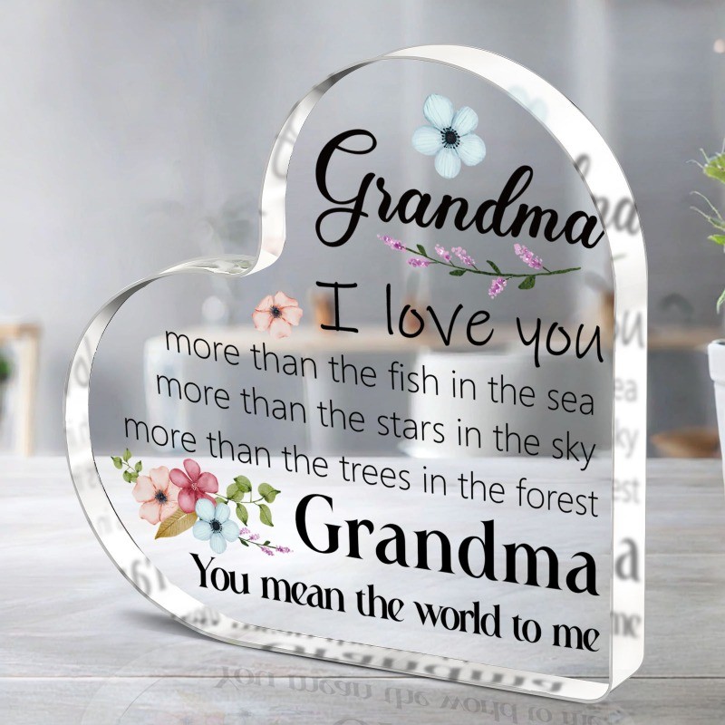 4*4in Graphic Design Acrylic Heart-Shaped Decor with Warm Word for Grandma Gifts