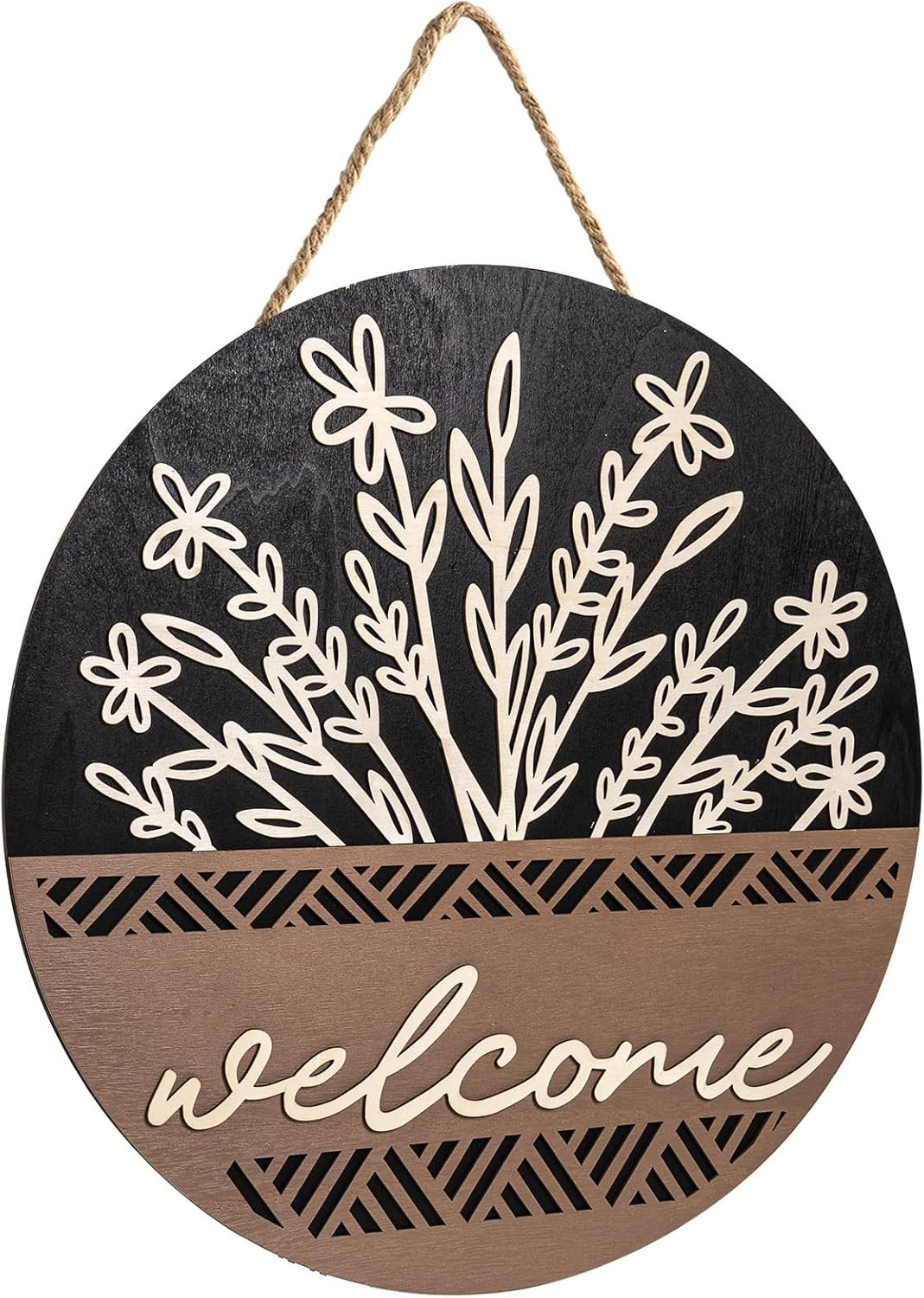 3D 17.7″ Welcome Sign for Front Door, Large Black Wooden Flower Door Hanger