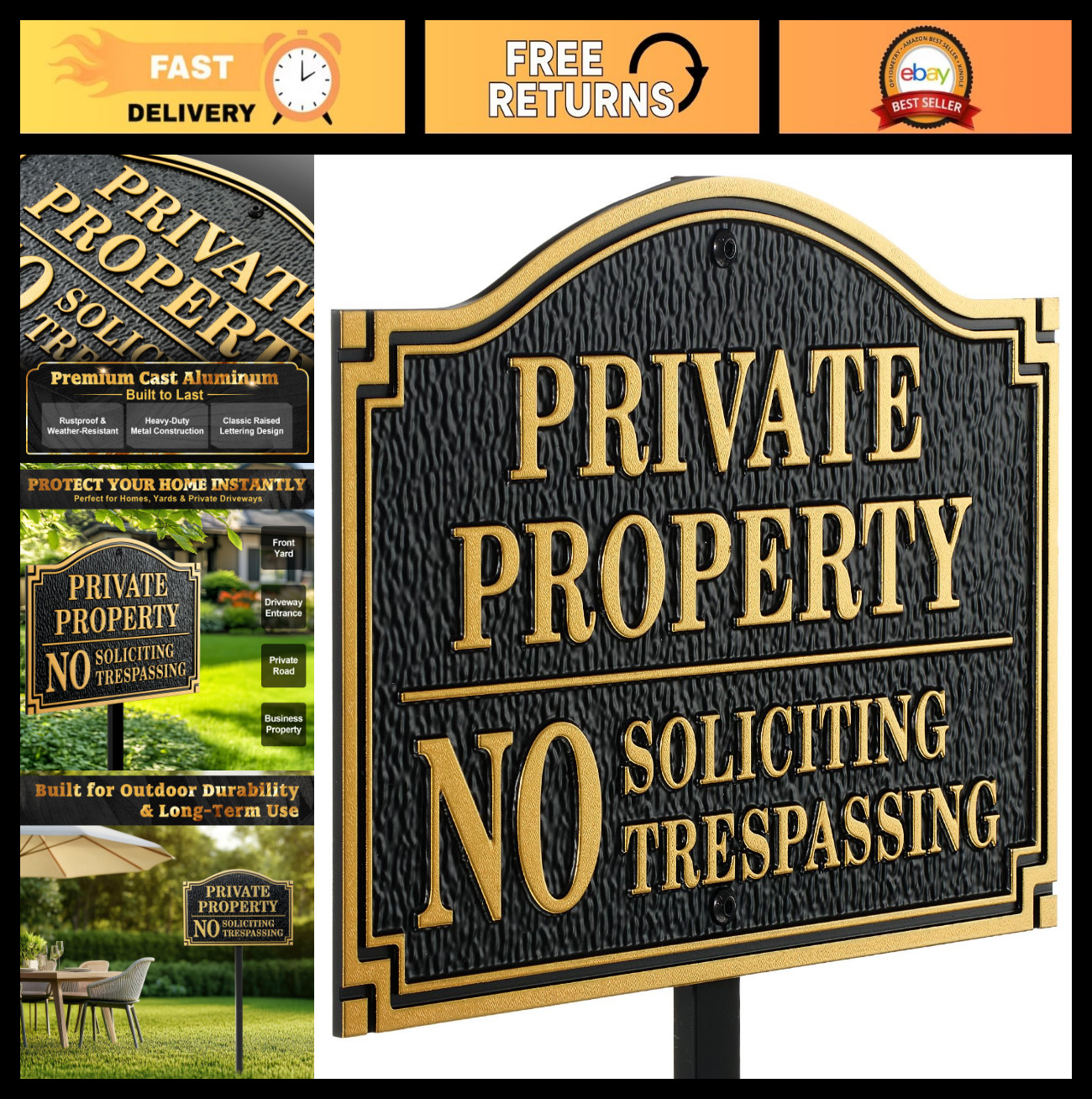 Brass No Soliciting No Trespassing Sign – 11.5″x7.5″ Metal Plaque with Lawn Stak