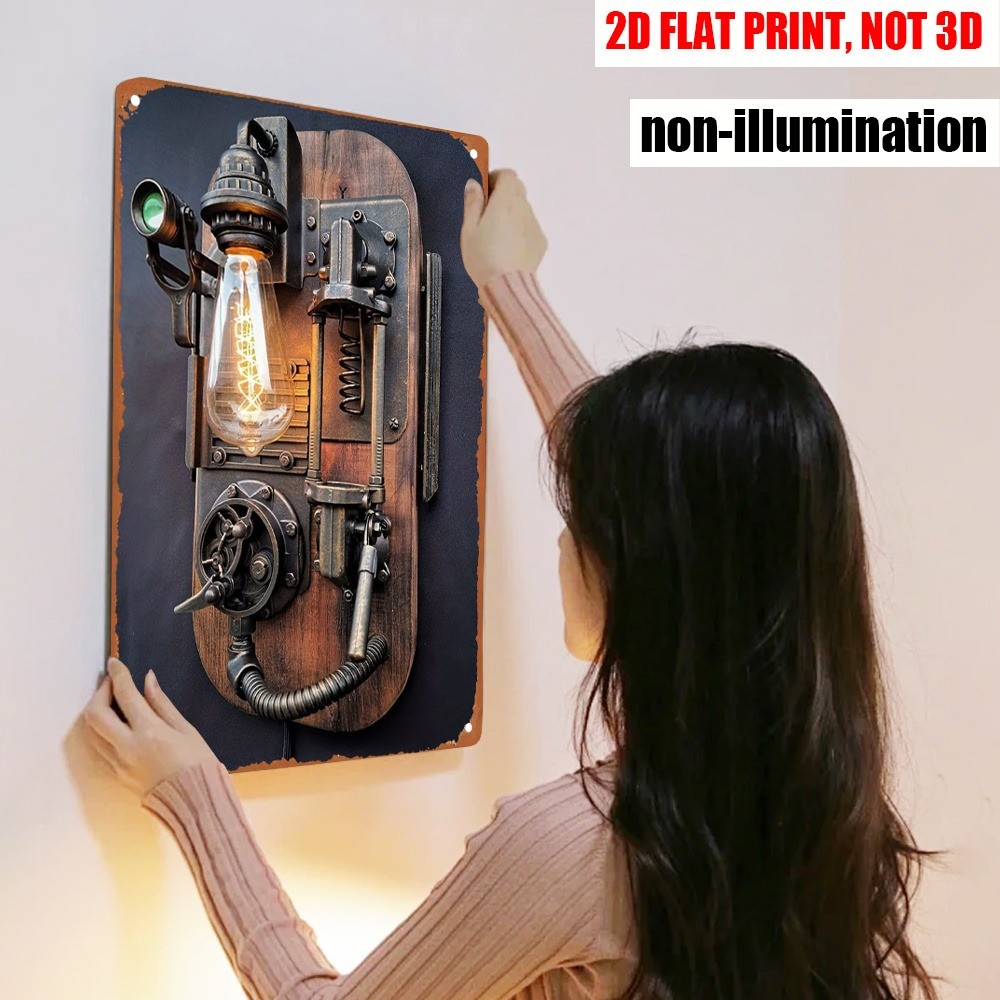 Steampunk Mechanical Lamp Metal Tin Sign Retro Industrial Wall Decor Loft Studio