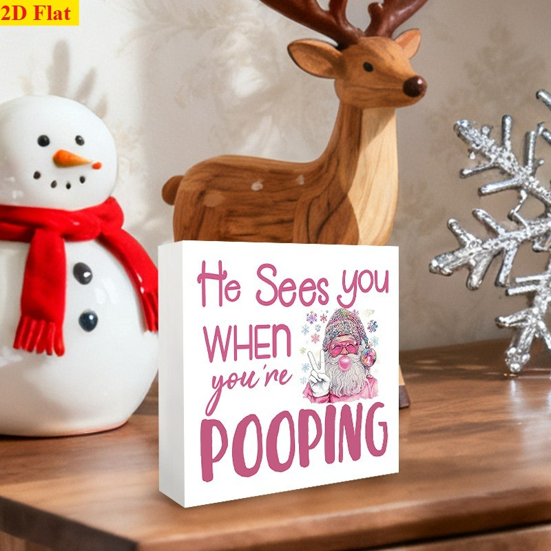 Wooden Box Sign Pink Cool Santa He Sees You When Youre Pooping Rustic Decor Gift