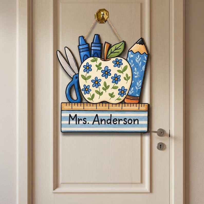 Personalized Teacher Door Sign, Floral Apple Classroom Wood Decor Gift