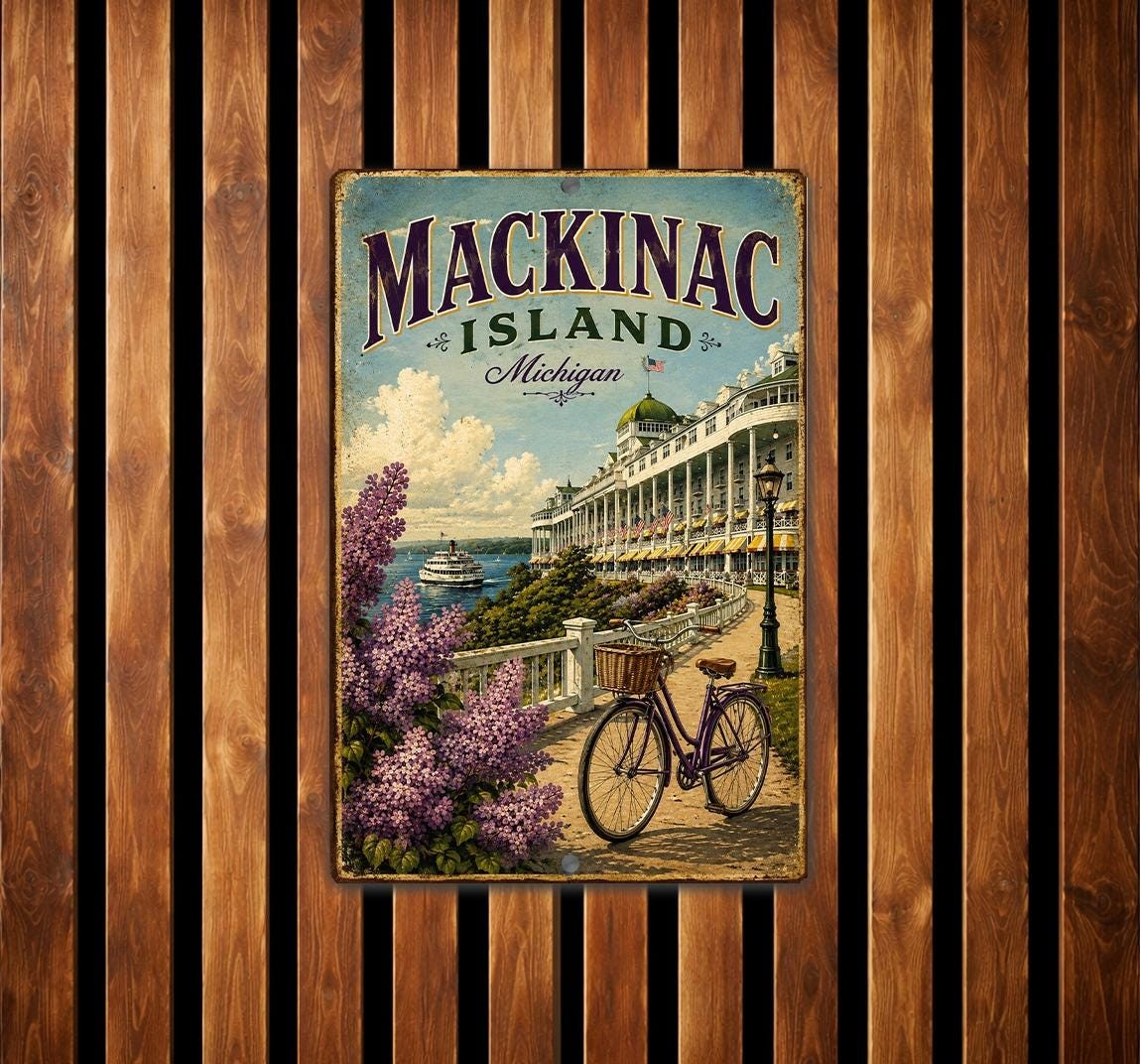Mackinac Island Michigan Sign, Grand Hotel Decor, Bicycle Lover, Coastal Travel