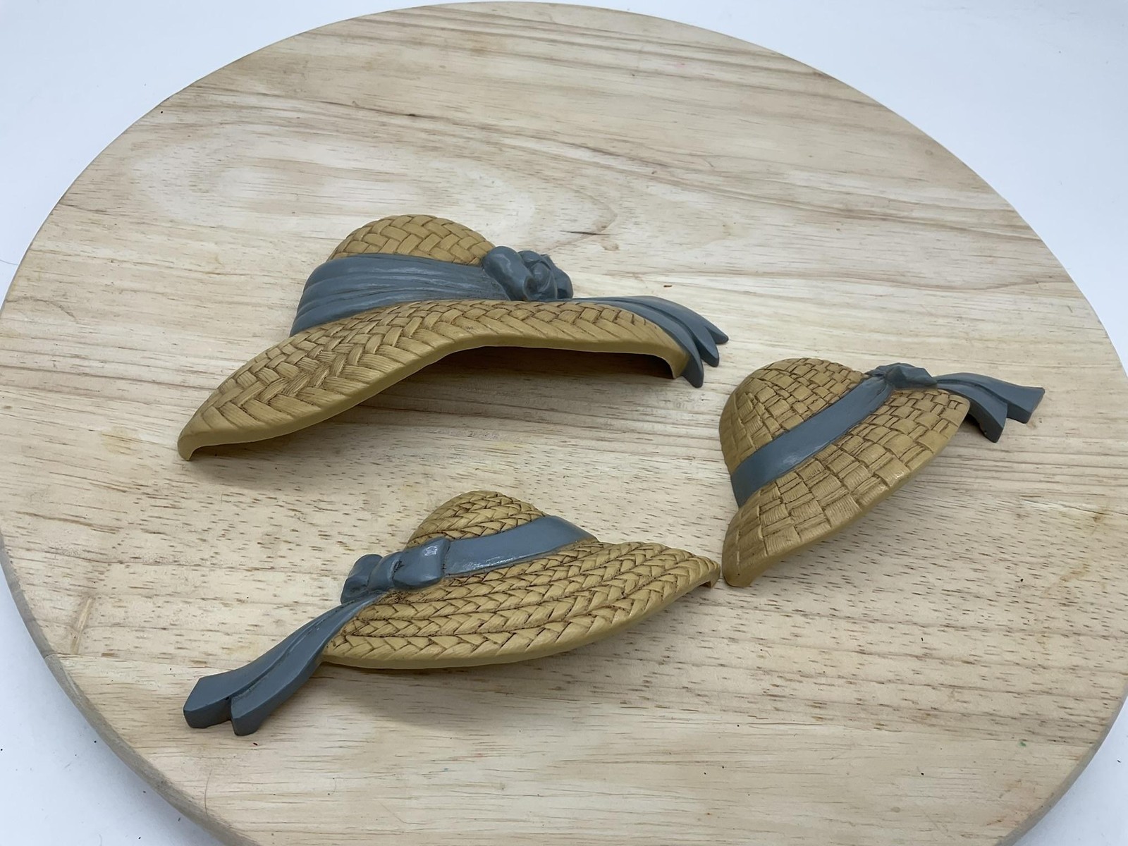 Vintage Burwood Straw Hat Wall Plaques Set Of 3 Brown Plastic Country Decor