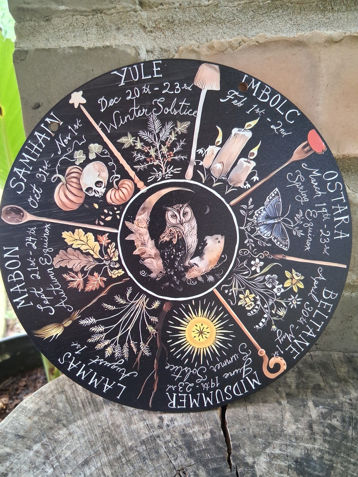 Wheel of the Year Round Wood Wall Mounted Sign, Wicca Pagan Floral Plaque