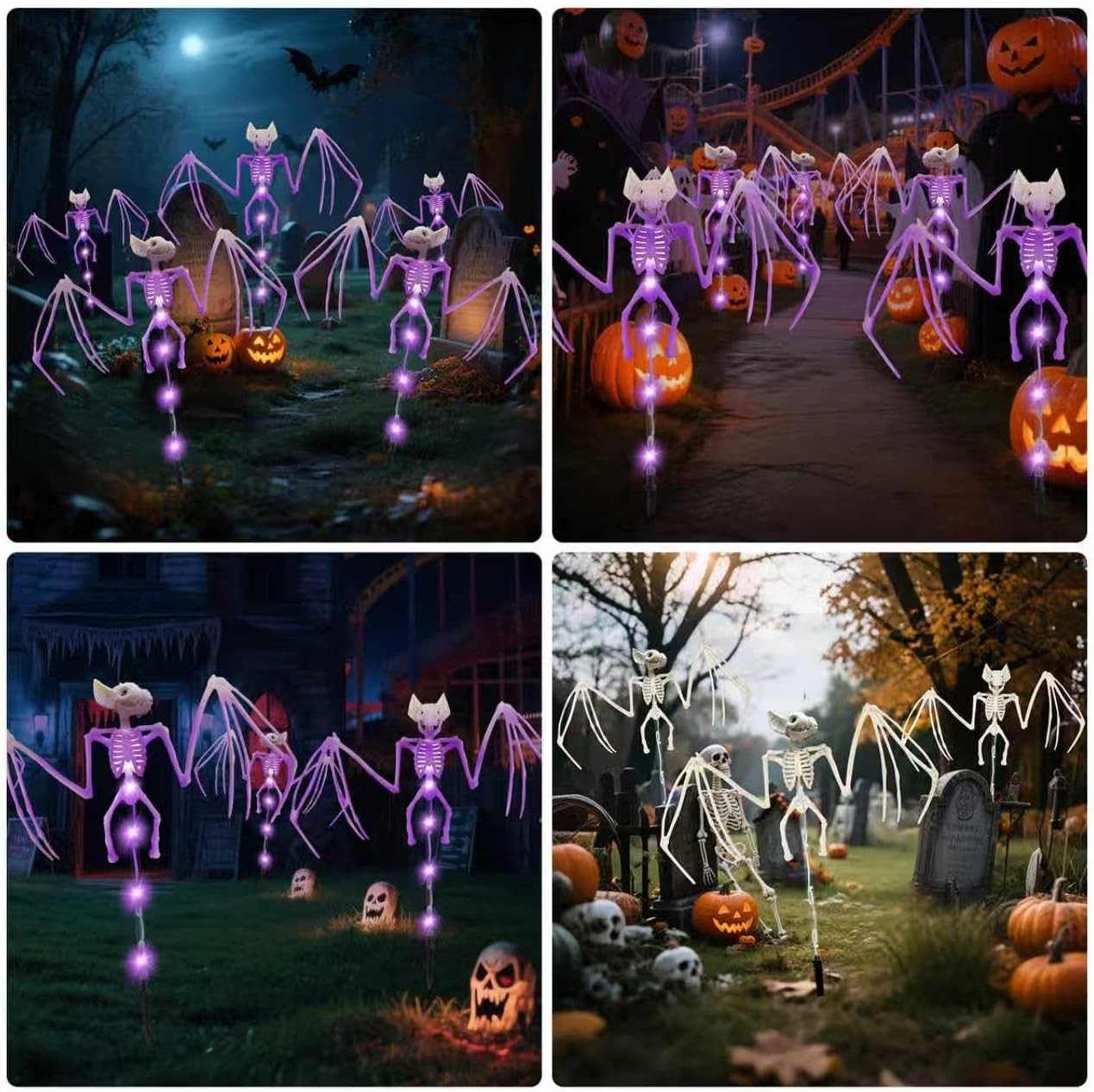 Solar Halloween Decorations Outdoor – 4Pcs 3D Scary Bat & Skeleton Lights