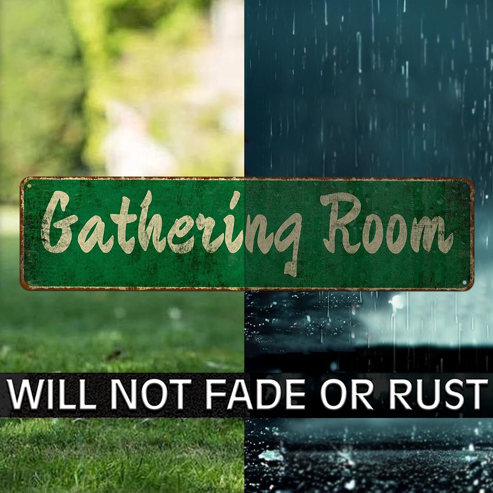 Vintage Metal Iron Sign “Gathering Room” Wall Art 4X16In Rustic Green & Golden