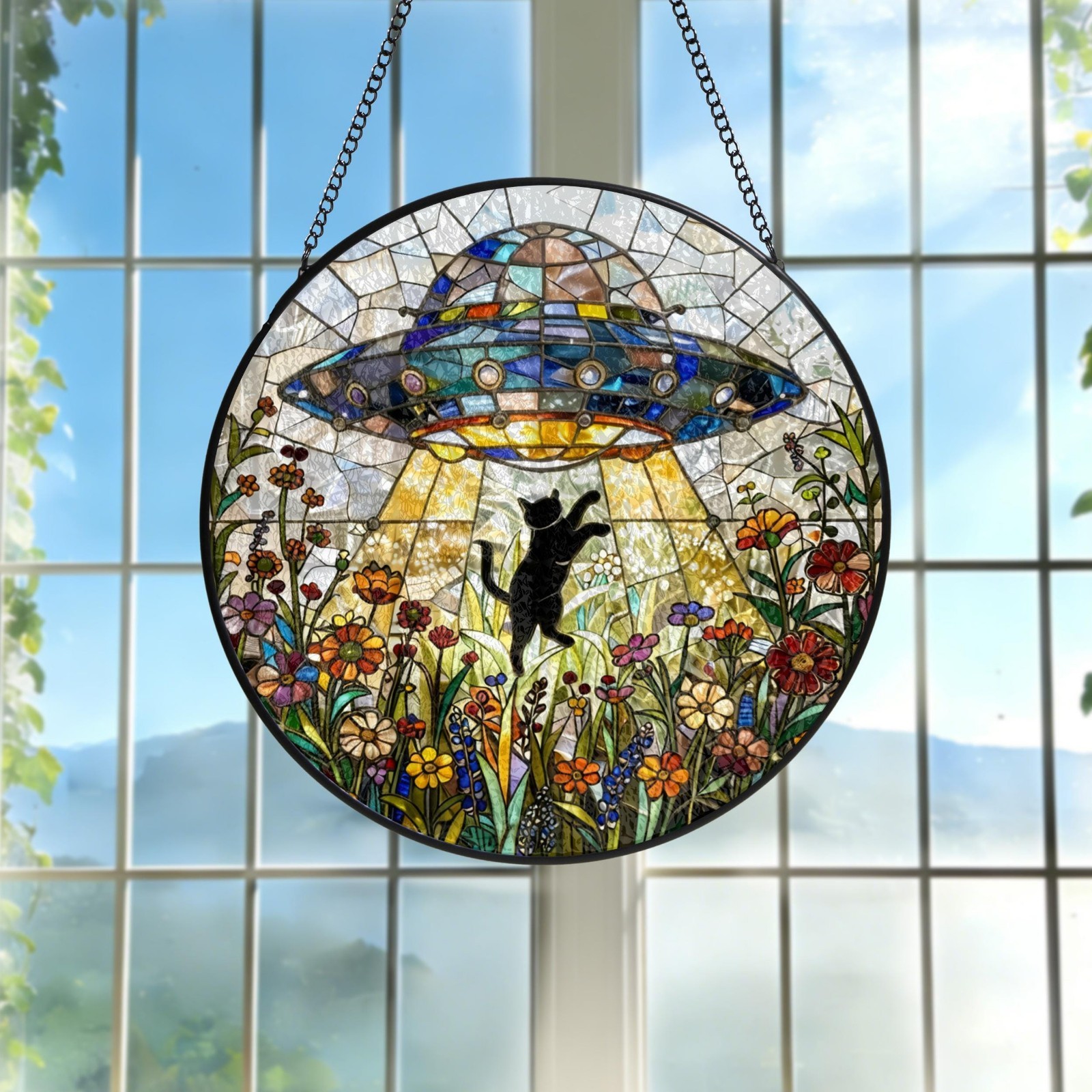 UFO Abduction Black Cat Suncatcher – Custom Alien Spaceship Window Decor