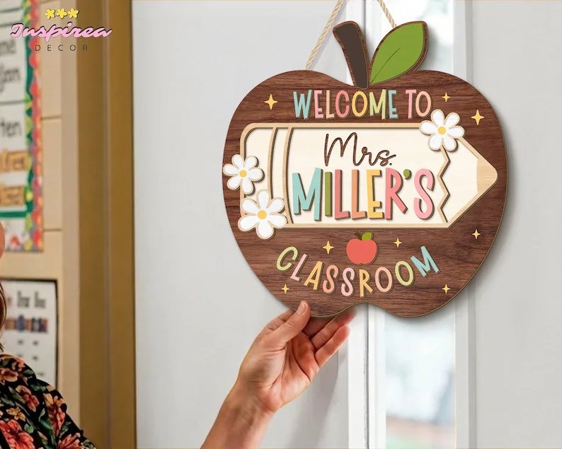 Personalized Apple Teacher Name Door Sign, Welcome Classroom Decor
