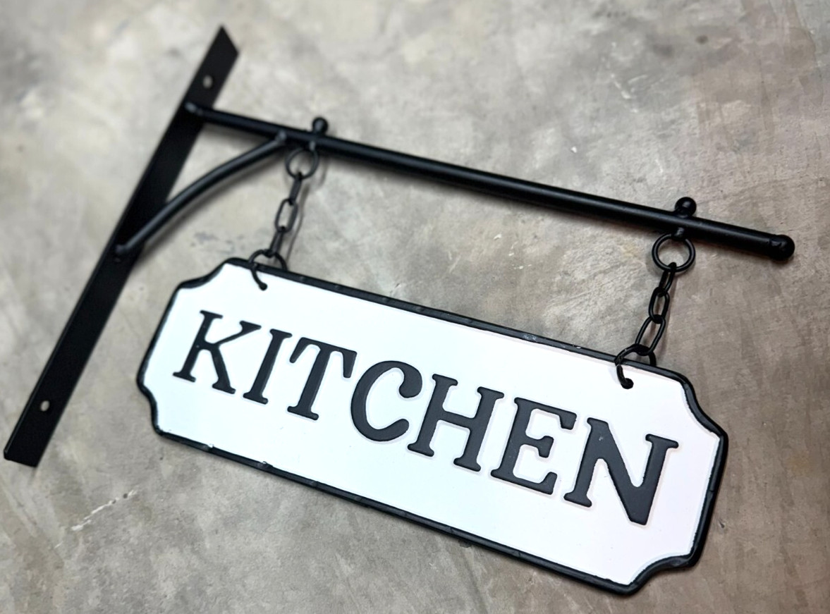 Black White Farmhouse DOUBLE SIDE Enamel Metal KITCHEN SIGN Wall Hanging Bracket