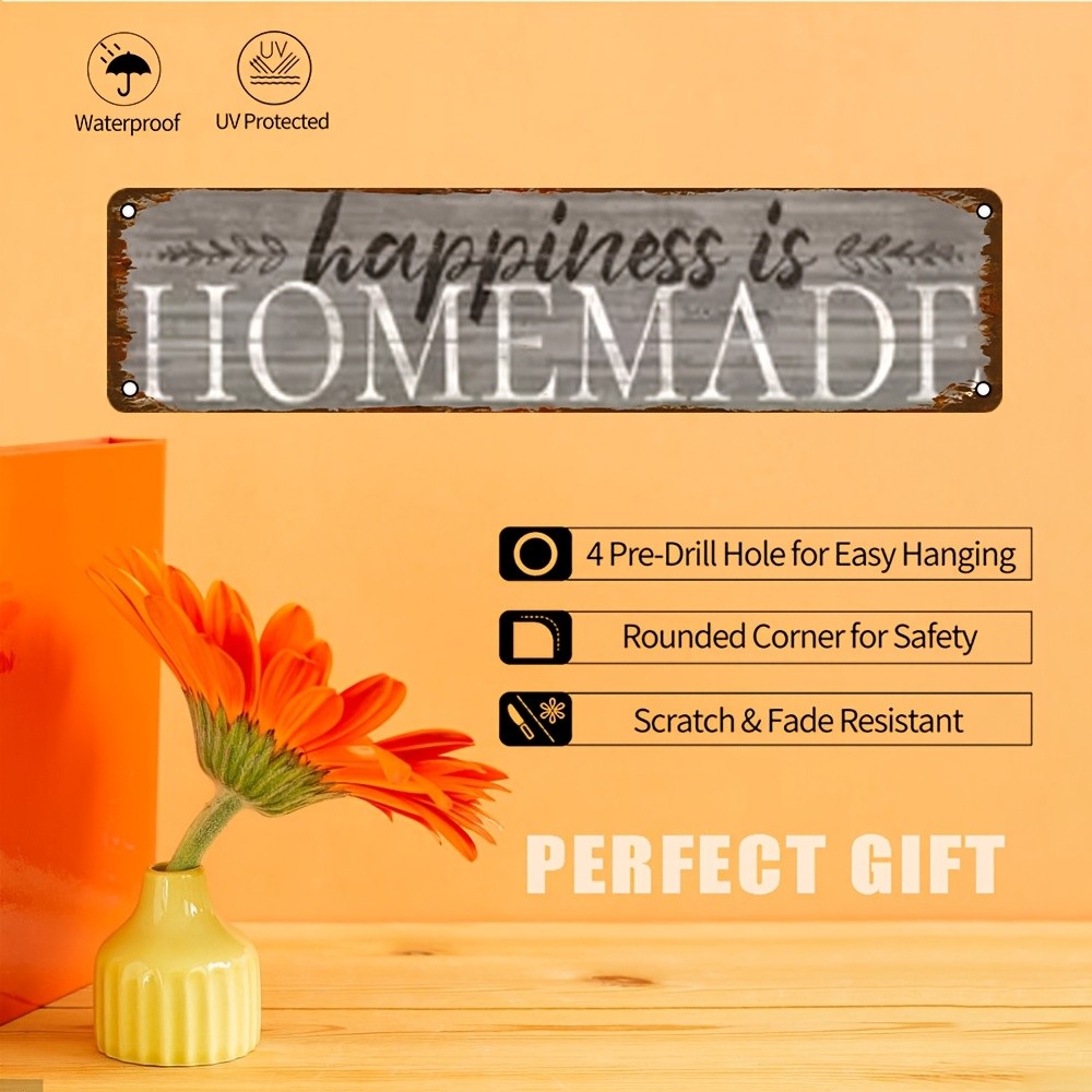 Vintage Metal Wall Art Sign “Happiness is Homemade” Rustic White 4×16″