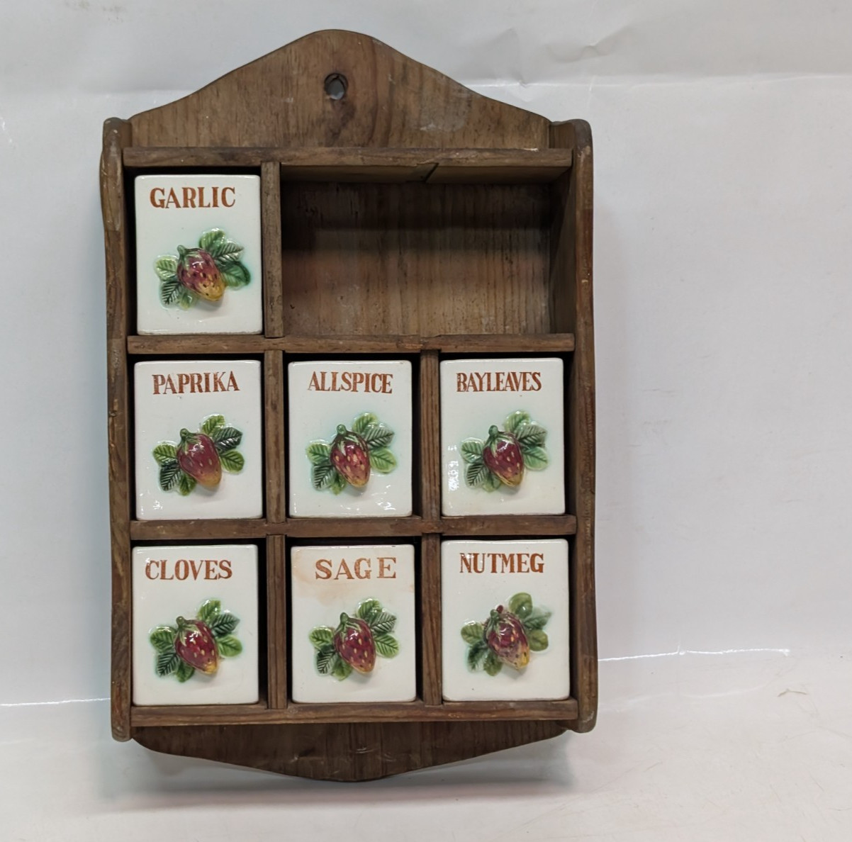 Vintage 1970s Wood & Ceramic Cottage Core Wall Spice Rack with Strawberry Design
