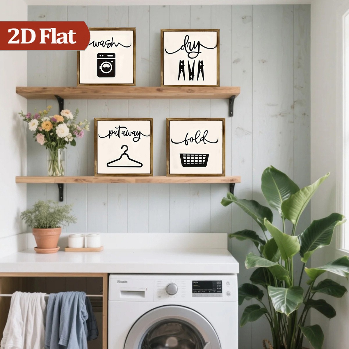 4Pcs Fold Wash Dry Wooden Sign Framed Laundry Room Farmhouse Wall Decor Gift