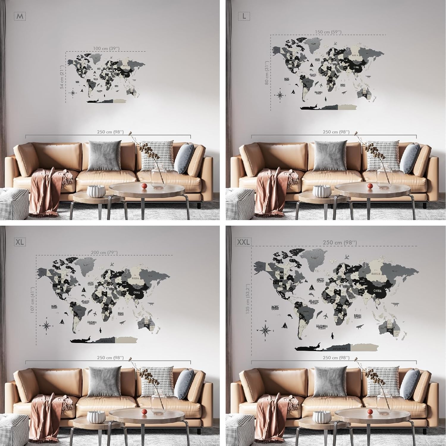 3D Wooden World Map Wall Art Unique Travel Pin Decor for Home Office Grey Medium