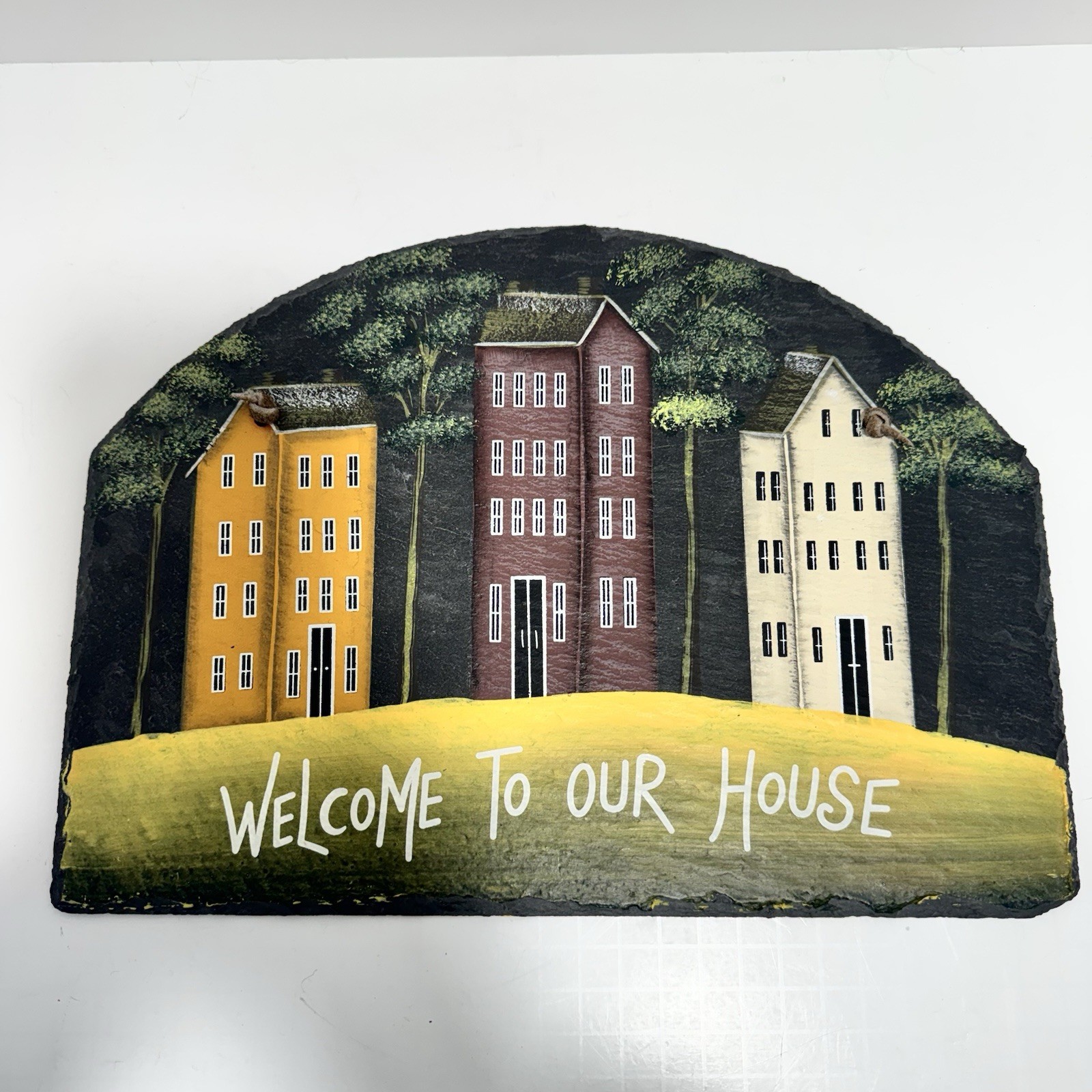 Hand Painted Welcome to Our Home Slate Wall Hanging Leather Strap Cottagecore