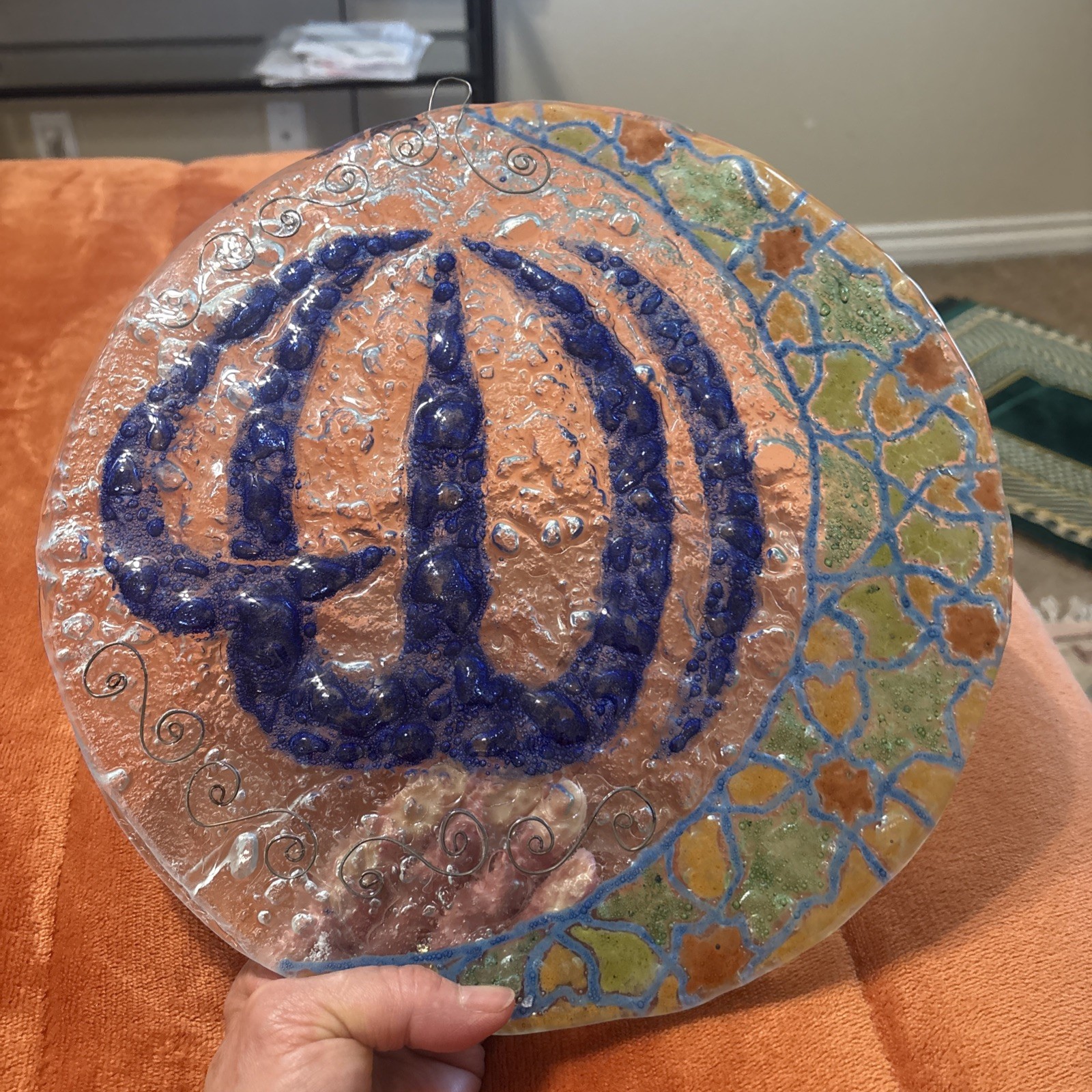Handmade Artisan Wall Decor: Round Glass Plaque “Allah” Calligraphy -12 Diameter