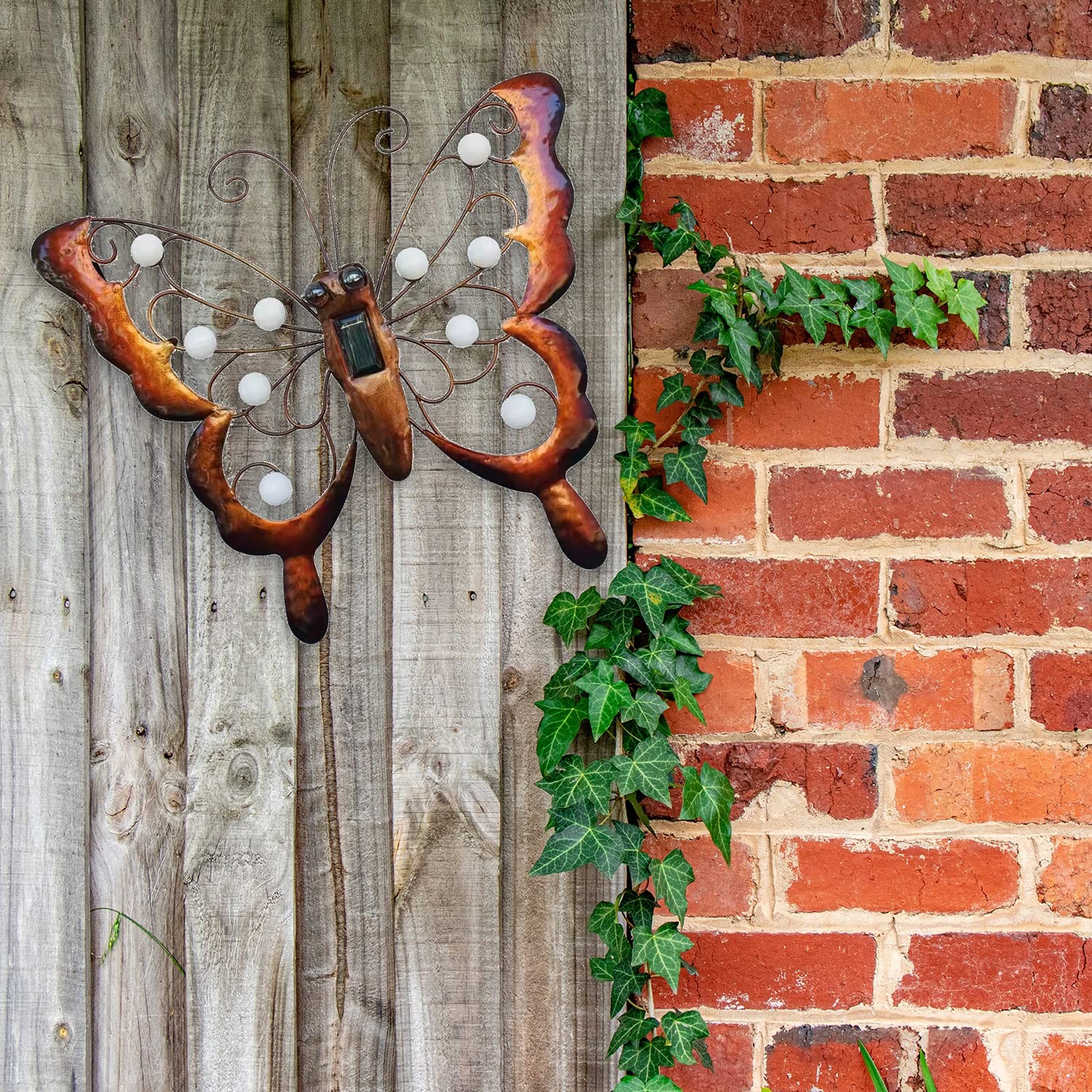 BVLFOOK Metal Butterfly Solar Lighted Wall Art Outdoor Garden Decor