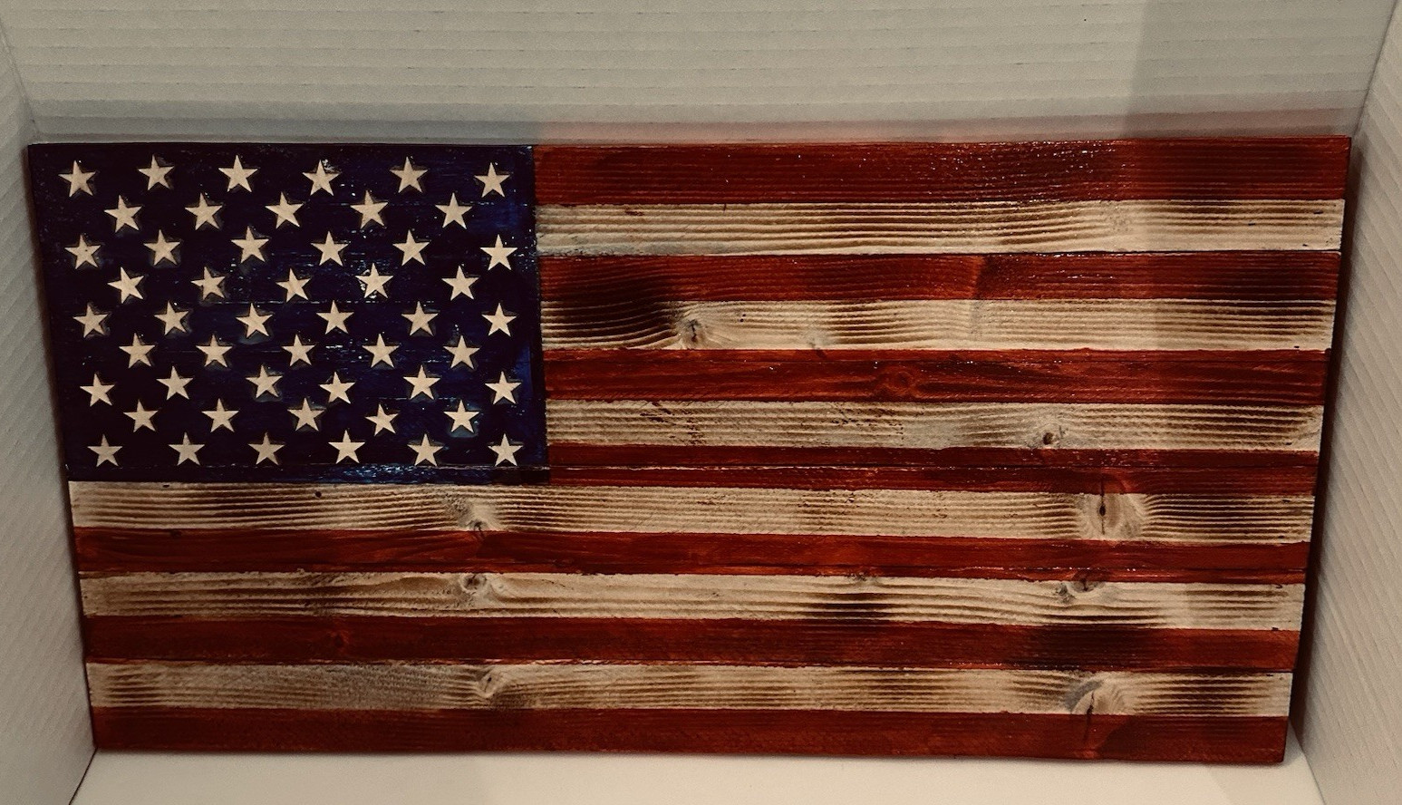 Handmade Wooden American Flag – stressed burnt wood 13″x24″ indoor/covered porch
