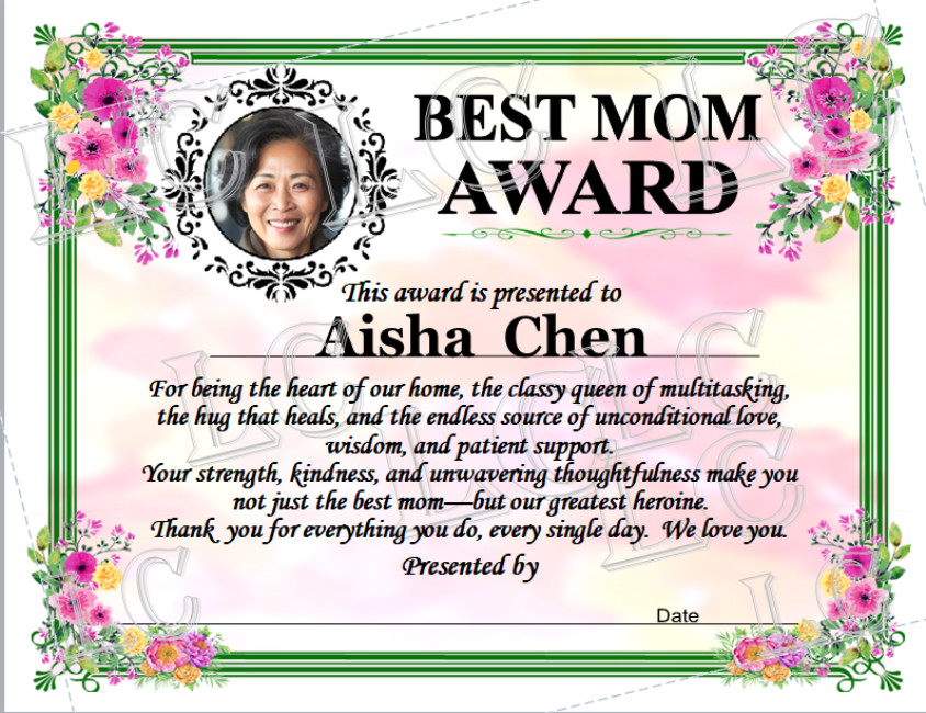 CUSTOM PERSONALIZED PHOTO NAME BEST MOM BEST AWARD CERTIFICATE MOTHER’S DAY GIFT