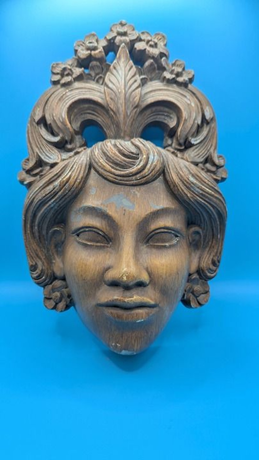 VTG MCM Wooden Lady Face Mask Wall Hanging Art Decor Asian Design Plaque 10″