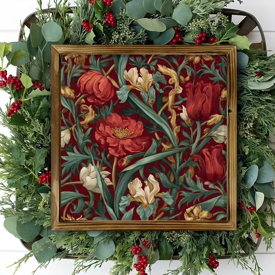 Vintage Red Floral Pattern Wooden Frame Sign Rich Red Green Botanical Wall Art