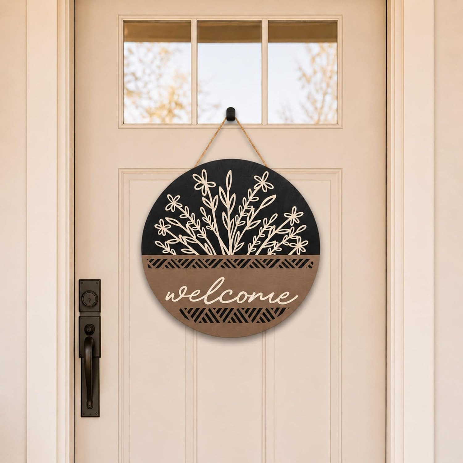 3D 17.7″ Welcome Sign for Front Door, Large Black Wooden Flower Door Hanger