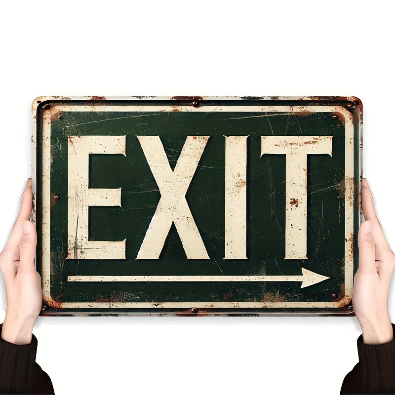 Vintage Metal Sign “Exit”, Distressed Green Paint with White Arrow, Wall Decor
