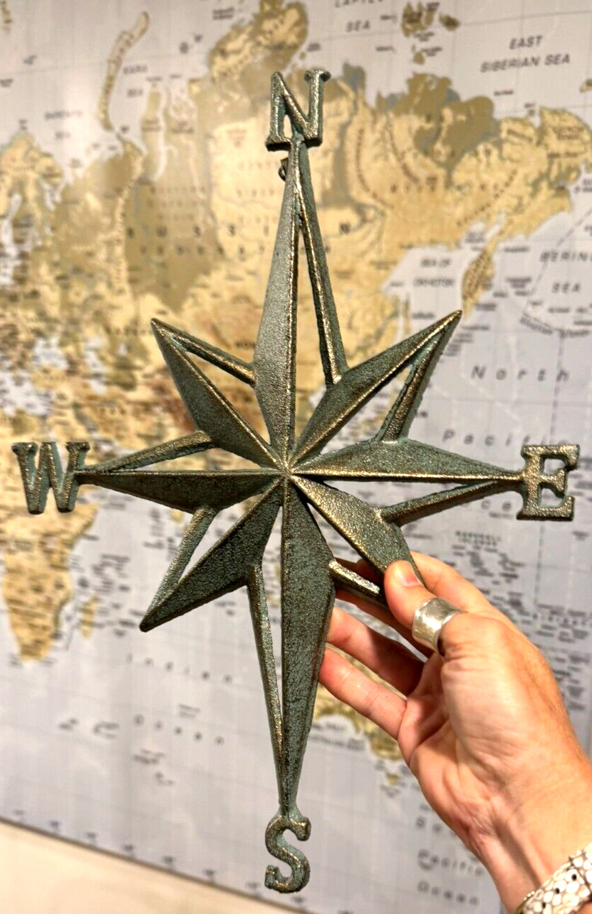Rustic Cast Iron Rose Compass Nautical Beach House Wall Art/Outdoor Garden Decor