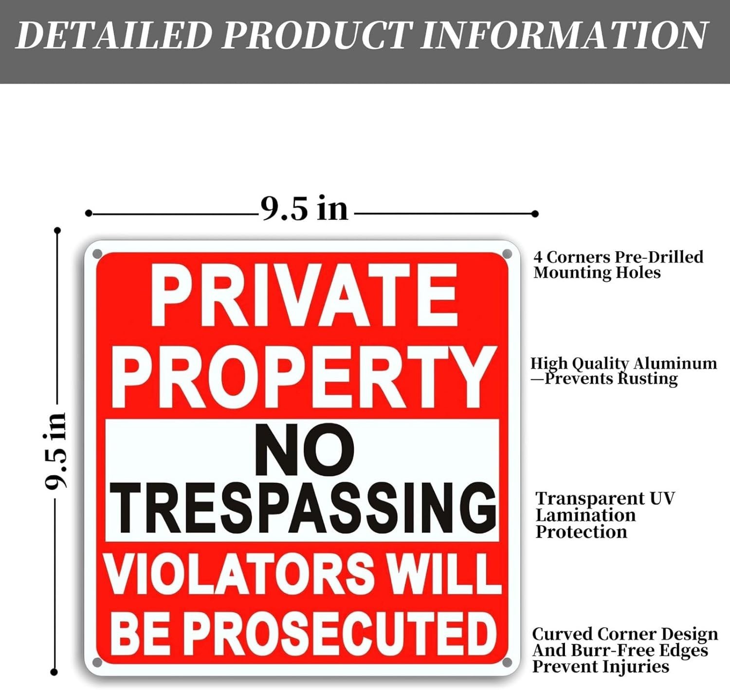 4 Pack Large No Trespassing Signs Private Property, 8×12 Inch Rust Free Aluminum