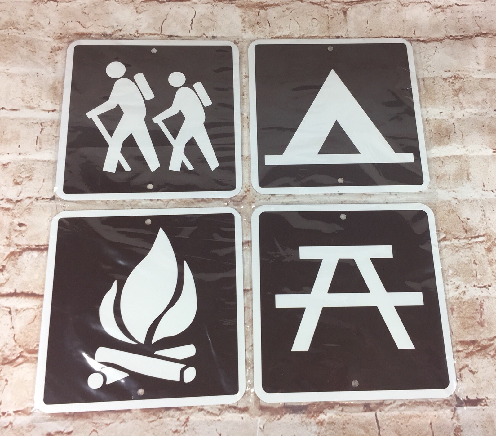 Lot of 4 Metal Tent Camping, Hiking, Picnic & Campfire Park Signs 6″x6″ (New)