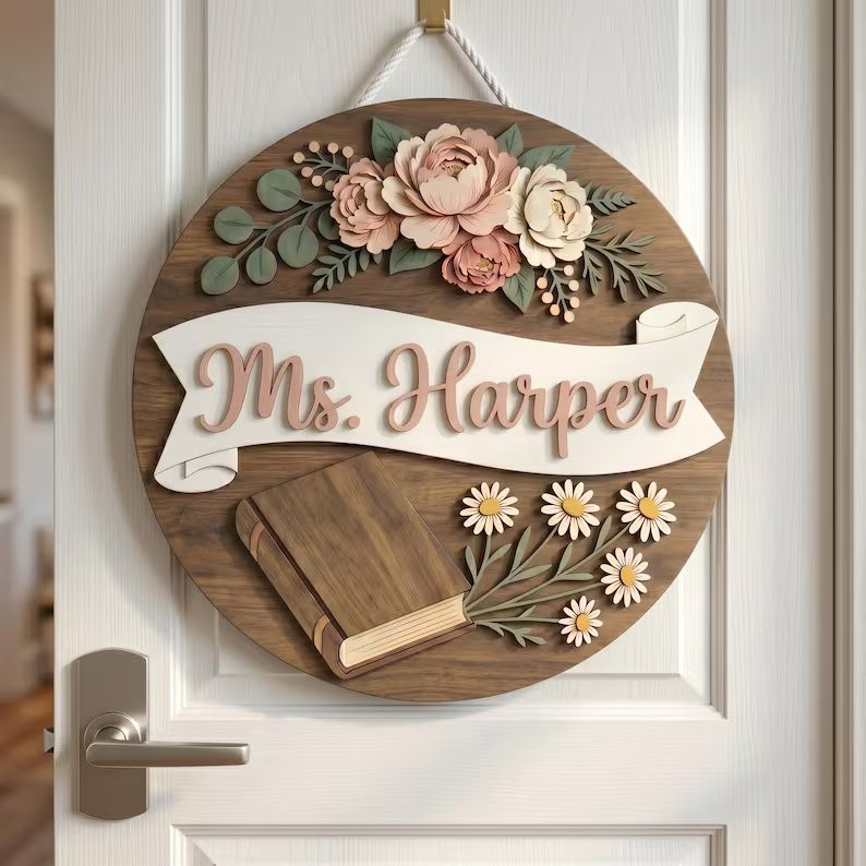 Personalized Teacher Classroom Name Sign, Wood Floral Door Decor