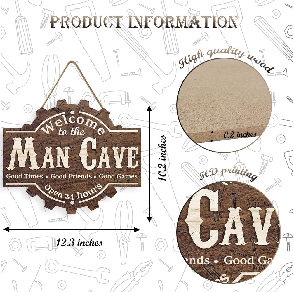 Man Cave Wooden Sign (12.3×10.2 inch), Vintage Man Cave Welcome Door Hanger, …