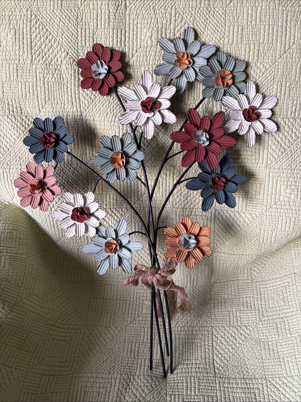 Flower Bouquet Metal Wall Decoration Farmhouse Cottage Core Rope Multicolor 22″H