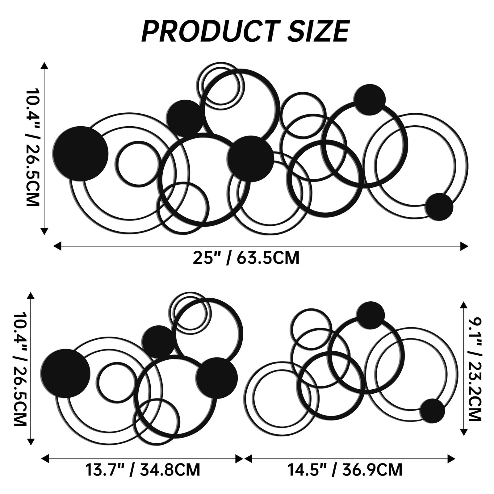 Black Minimalist Circle Metal Abstract Wall Decor Art Sculpture 25×10.4 In 2 PC