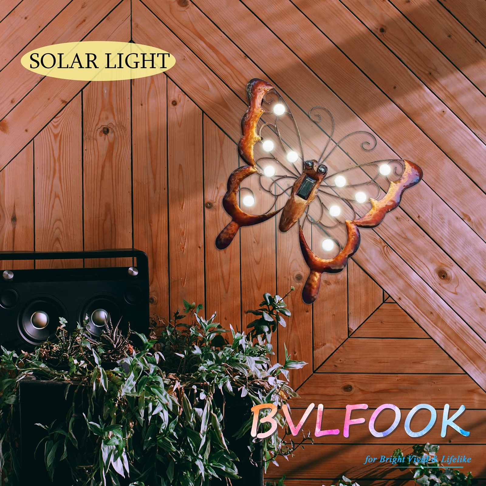 BVLFOOK Metal Butterfly Solar Lighted Wall Art Outdoor Garden Decor
