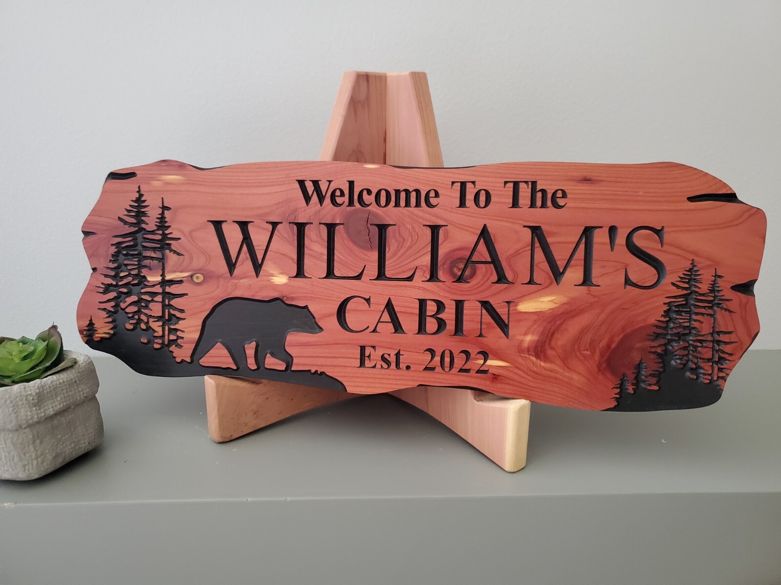 Custom Cabin Sign Carved Wood Name Bear Mountain Lake Home House Outdoor Plaque