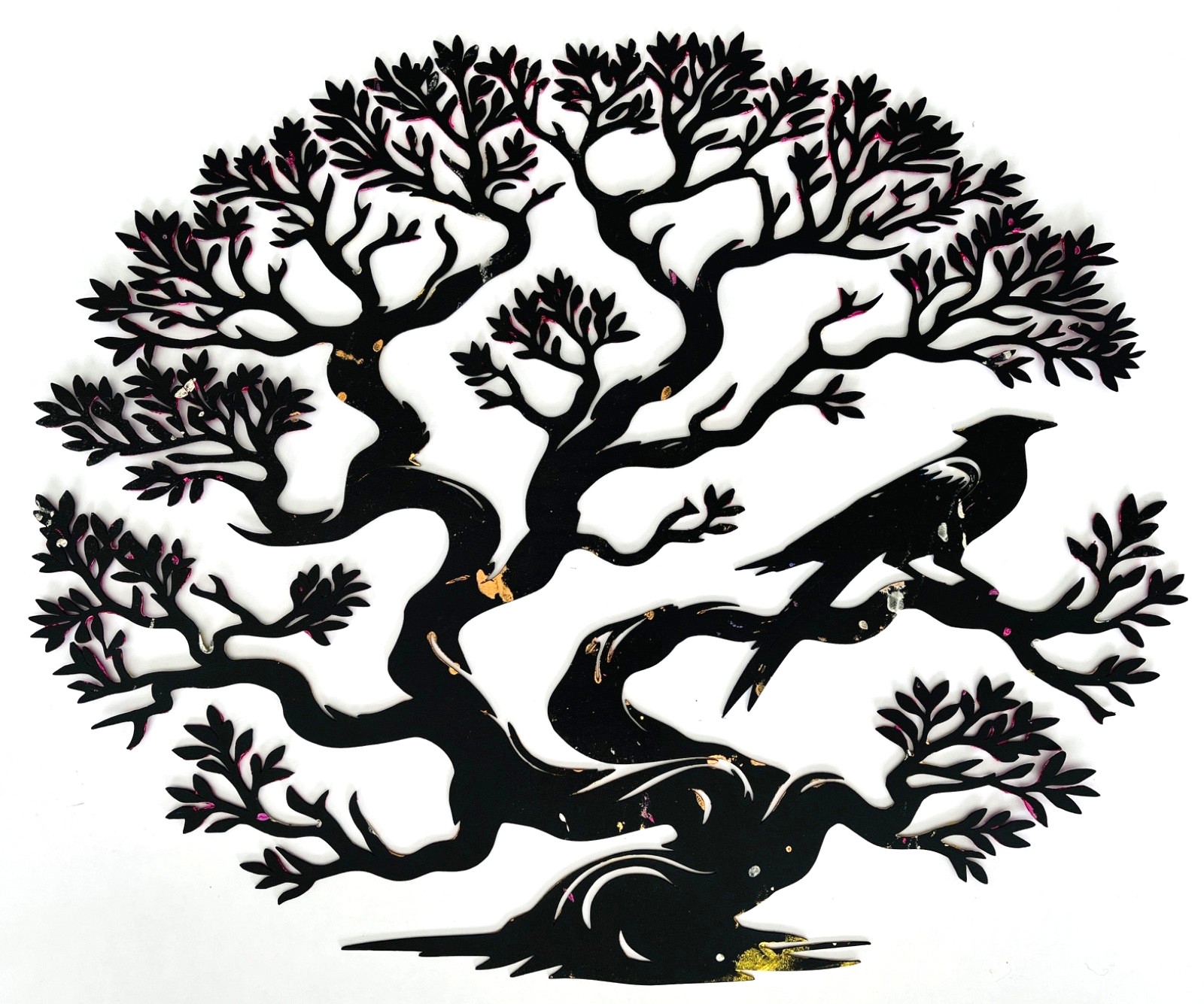 Tree of Life Metal Wall Art Hand Painted Metallic Paints Tree + 1 Blue Bird
