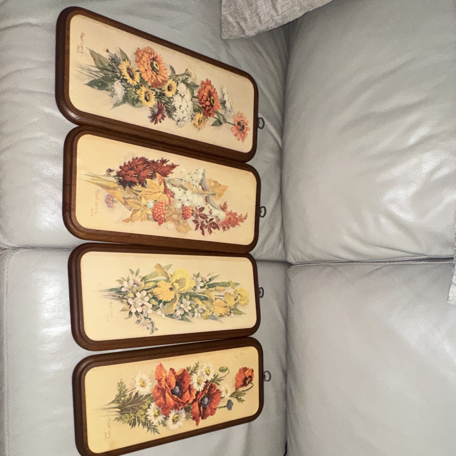 Set of 4 Vintage Floral Wood Rectangular Wall Plaques Hanging Vertical Decor