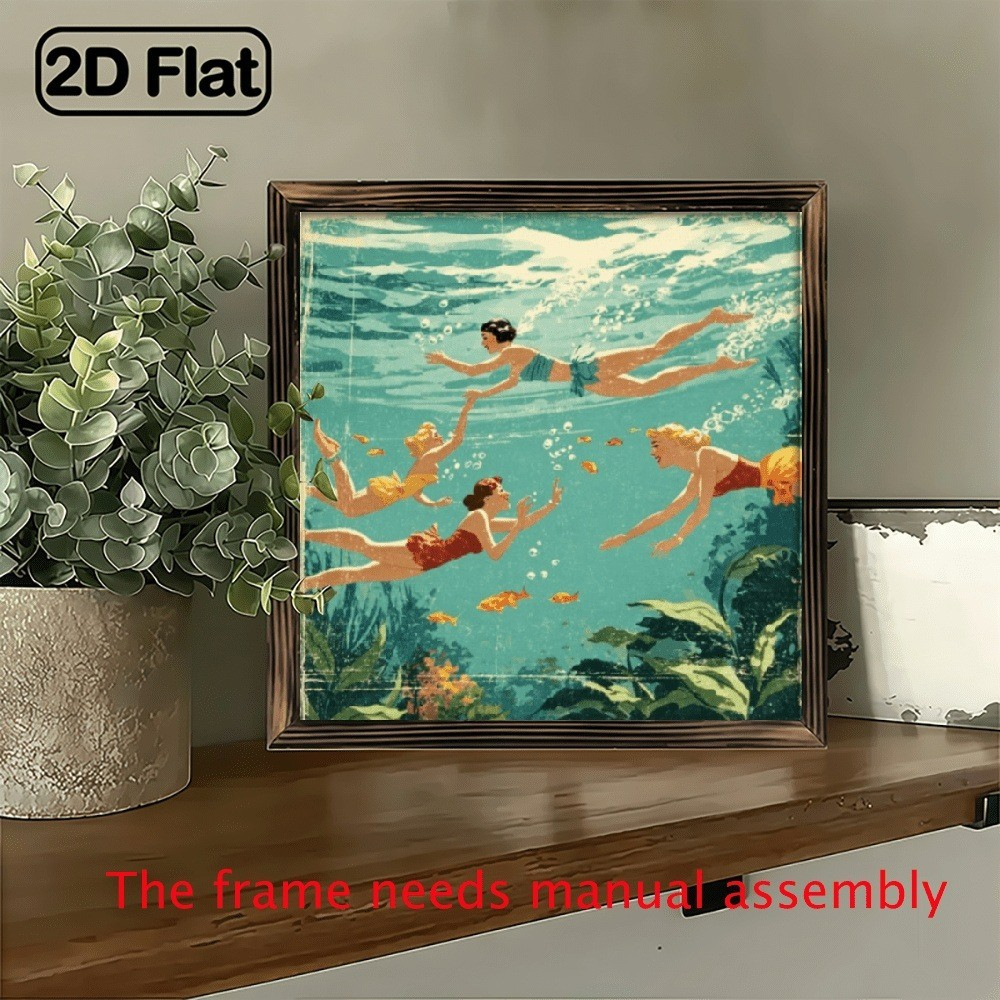 Vintage Woman Swimming with Fish Wooden Plaque Coastal Home Bathroom Decor