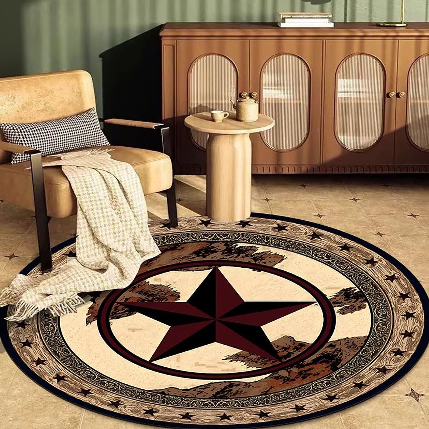 Qmkmyy Round Rustic Texas Stars Area Rug 5Ft Western Cowboy Bordered Circular…