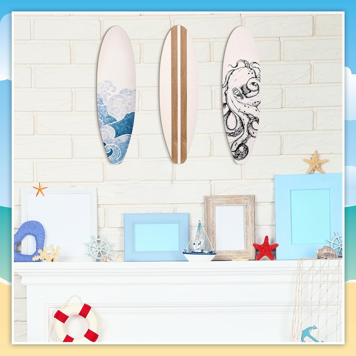 3 Piece Wooden Surfboard Wall Decor for Beach-Inspired Bedroom or Living Room