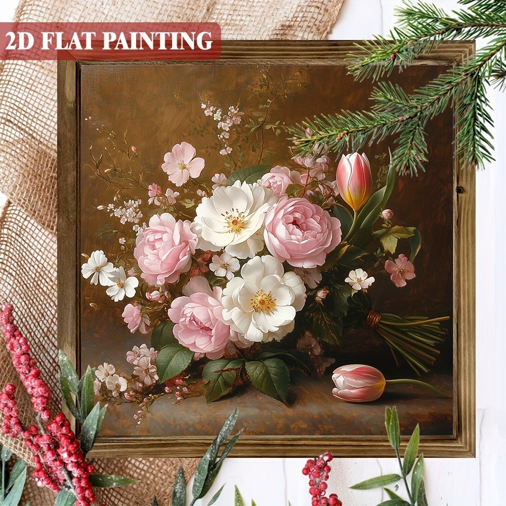 Warm Vintage Pink White Flower Bouquet Wooden Sign For Dining Wall Decor