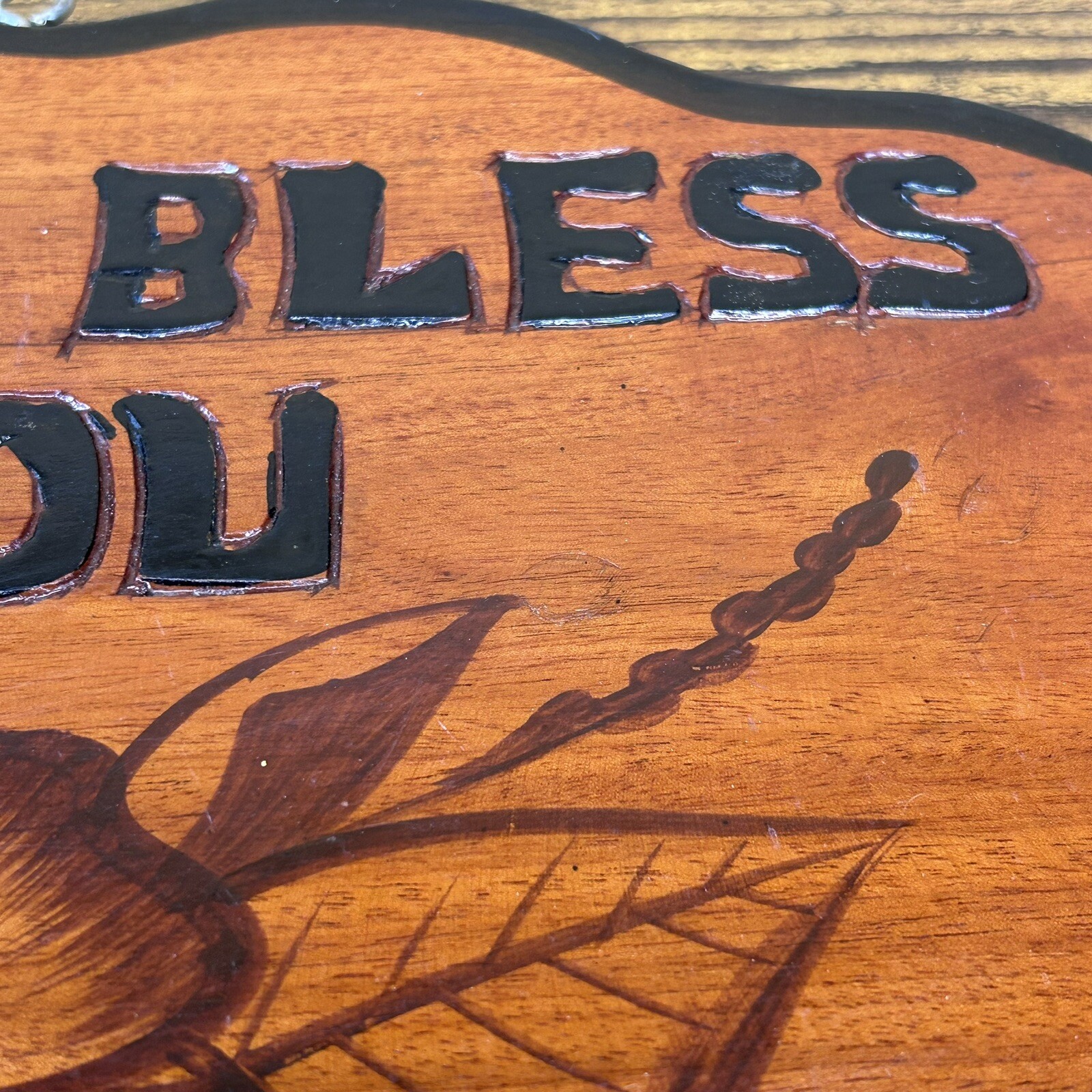 Vintage Wood Sign For Hanging Outside “God Bless You” Folk Art 15”x 8” Handmade