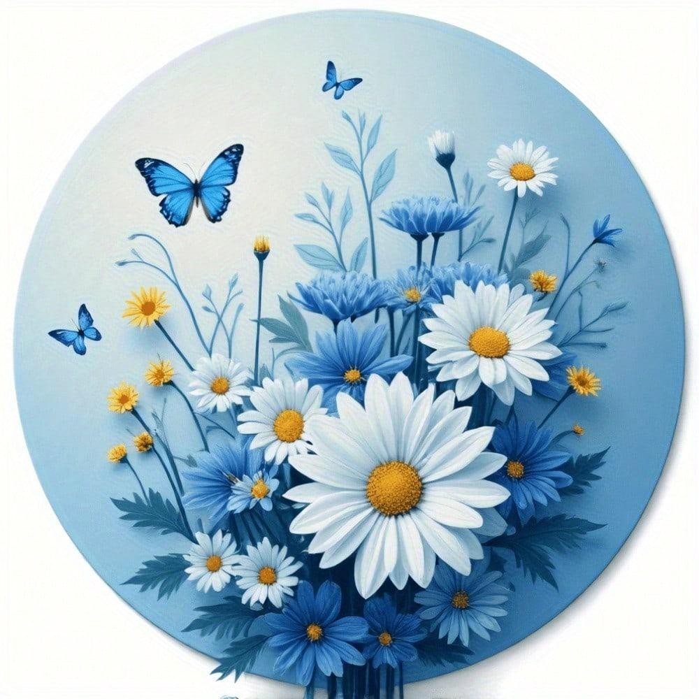 Vintage 8×8 Tin Sign Daisy Butterfly Blue White Rustic Wall Art for Home Kitchen