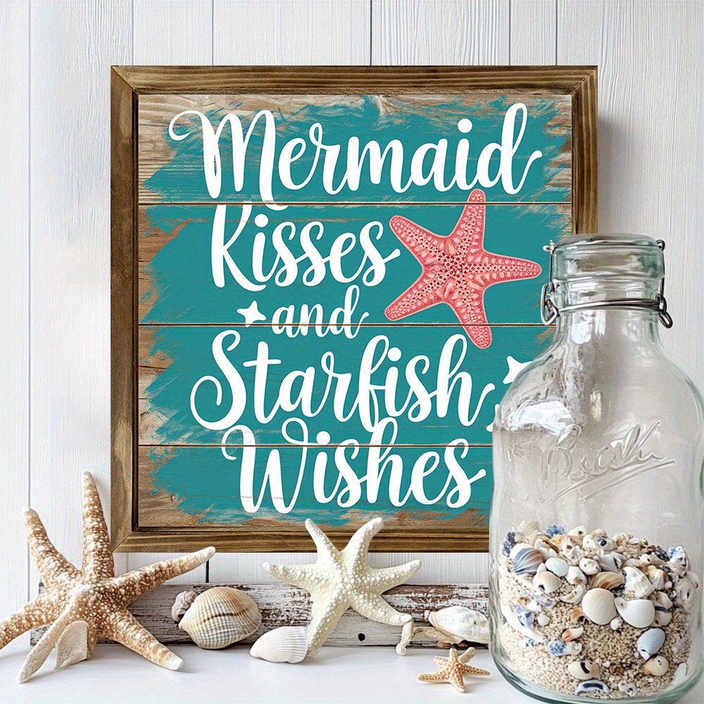 2D Coastal “Mermaid Kisses & Starfish Wishes” Wooden Wall Sign Beach House Decor