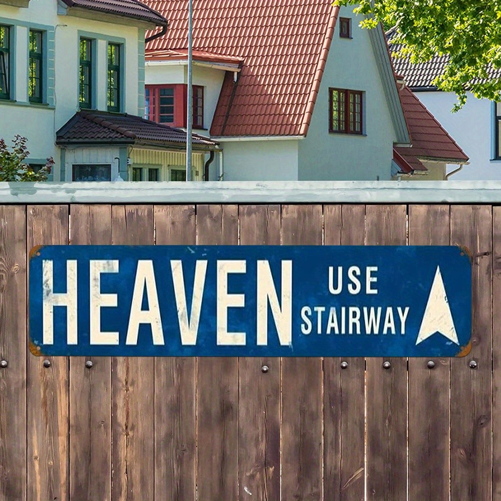 Retro “HEAVEN USE STAIRWAY” Weathered Metal Street Sign with Arrow for Man Cave