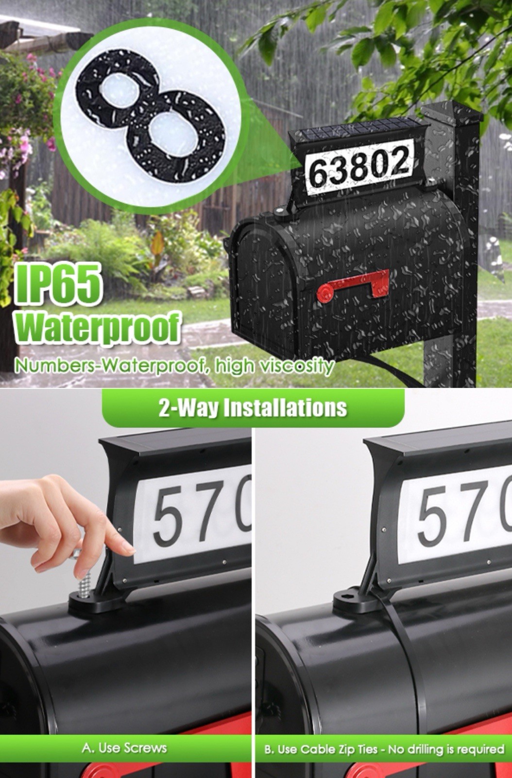 Solar Address Sign Mailbox House Number Plaque Double Side 3 Light Color