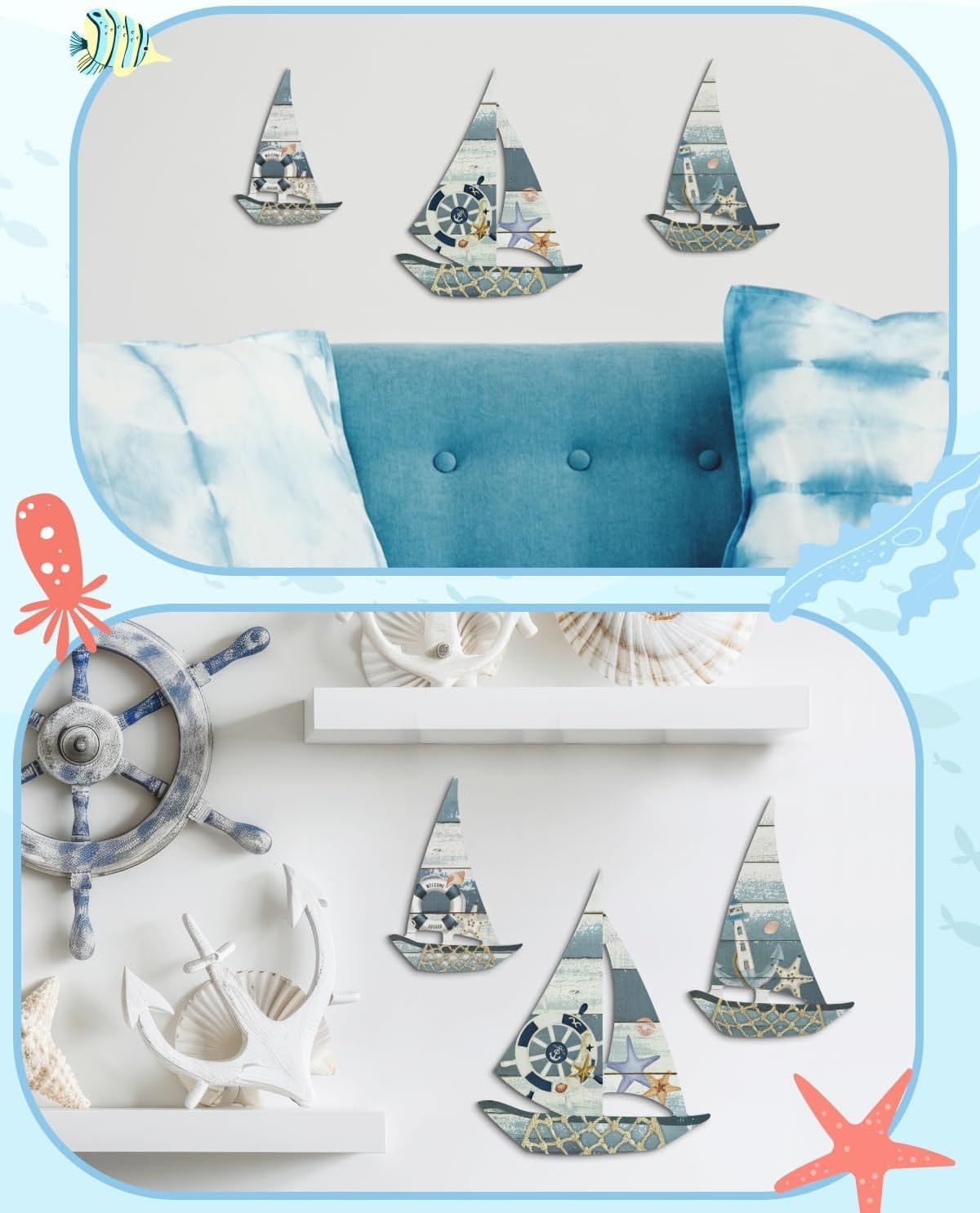 Putuo Decor 3 Pcs Vintage Sailboat Wall Art Set, Coastal Ocean Theme Decor with